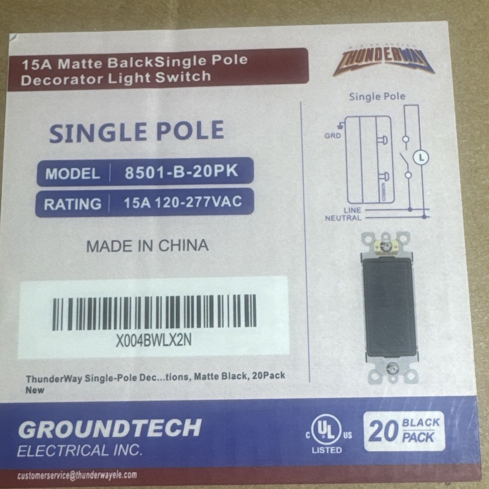 Groundtec Light Switch Black, Single Pole Paddle Rocker UL ,15A 120V/277V, 20pk